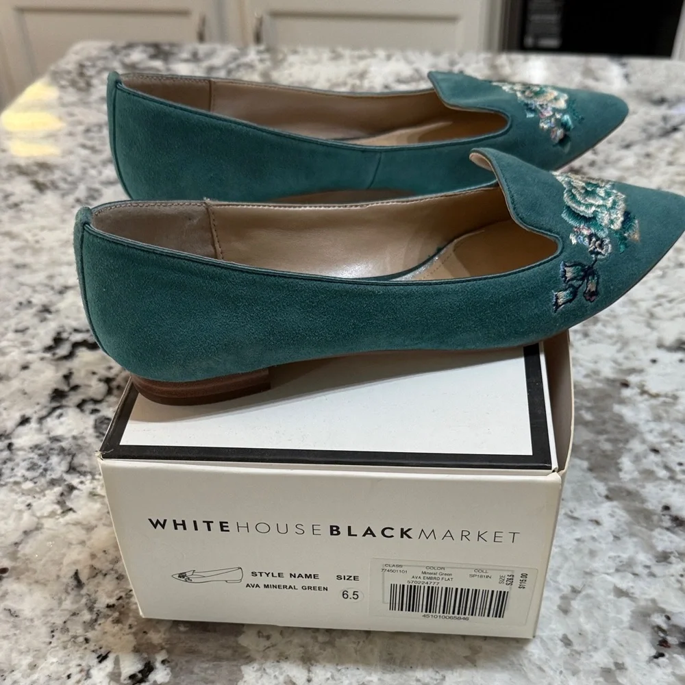 White House Black Market Green suede embroidered Floral Women's Loafers - Picture 5 of 8
